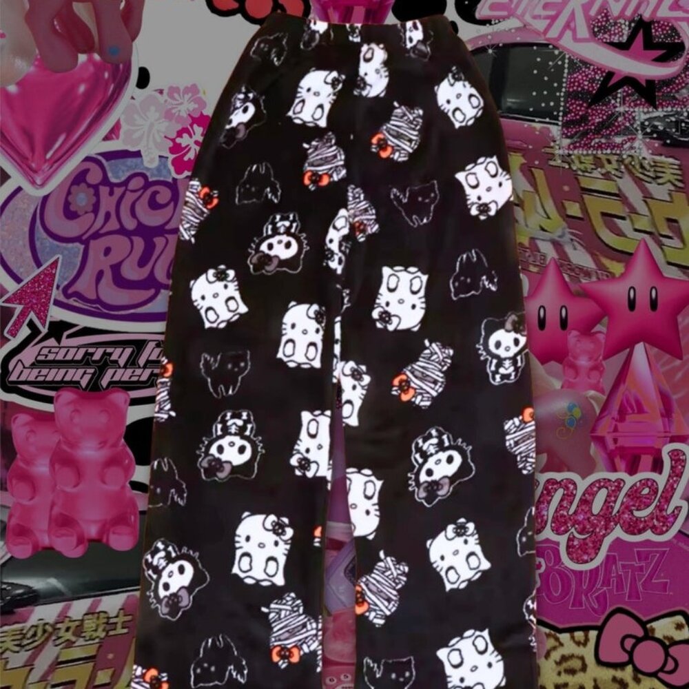 Black Hello Kitty Halloween Pajama Pants Sanrio Y2K Women’s Woolen Loung Pants